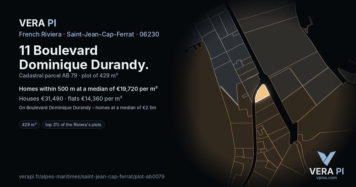 11 Boulevard Dominique Durandy, Saint-Jean-Cap-Ferrat at night – the plot lit, the parcels around coloured by the prices near them