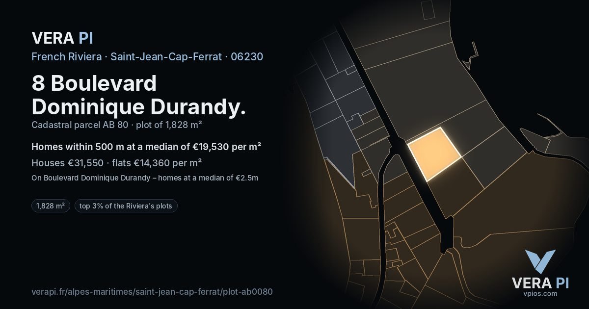 8 Boulevard Dominique Durandy, Saint-Jean-Cap-Ferrat at night – the plot lit, the parcels around coloured by the prices near them