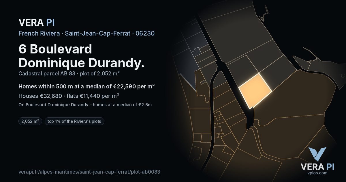 6 Boulevard Dominique Durandy, Saint-Jean-Cap-Ferrat at night – the plot lit, the parcels around coloured by the prices near them