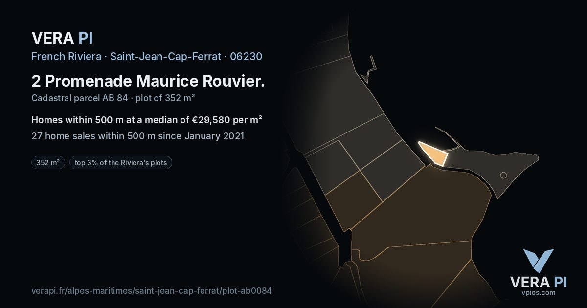 2 Promenade Maurice Rouvier, Saint-Jean-Cap-Ferrat at night – the plot lit, the parcels around coloured by the prices near them