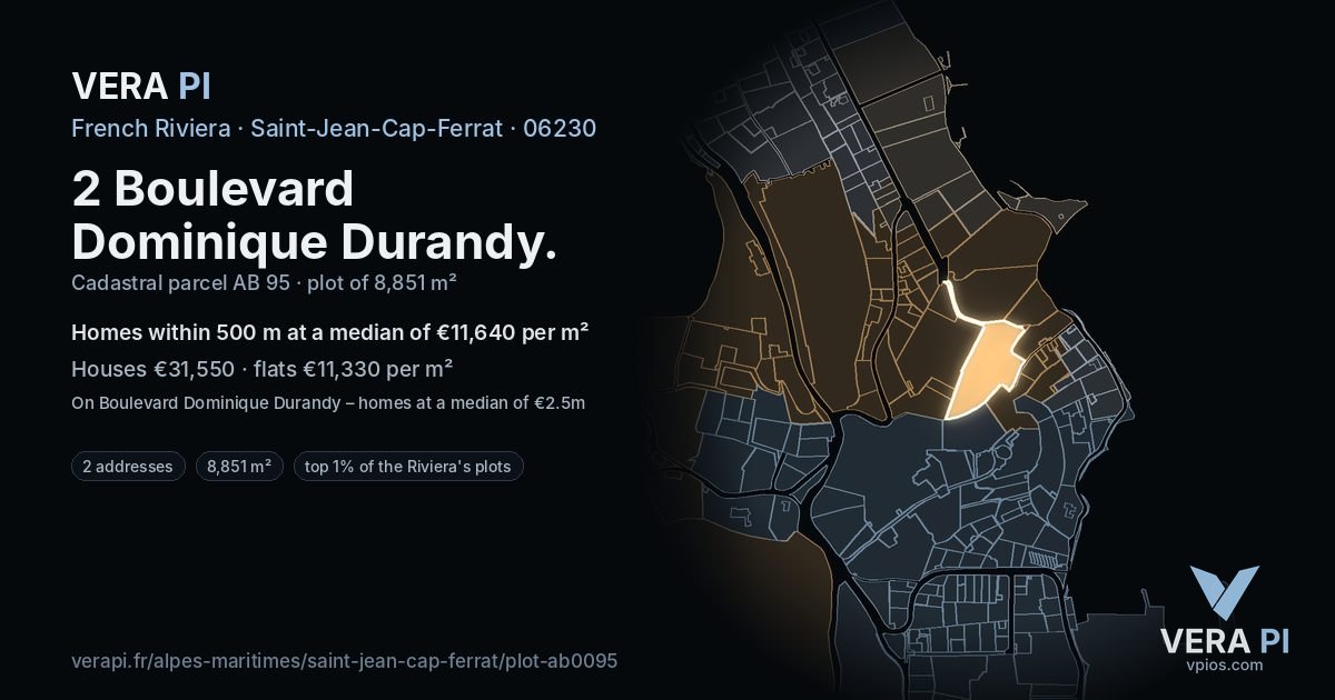 2 Boulevard Dominique Durandy, Saint-Jean-Cap-Ferrat at night – the plot lit, the parcels around coloured by the prices near them