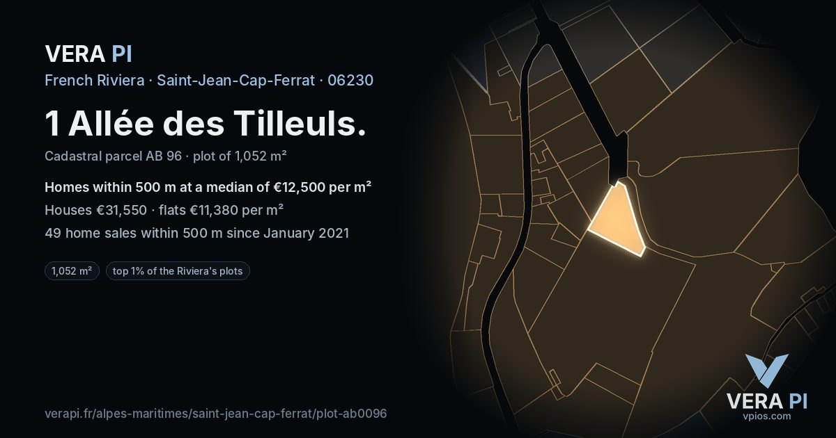1 Allée des Tilleuls, Saint-Jean-Cap-Ferrat at night – the plot lit, the parcels around coloured by the prices near them
