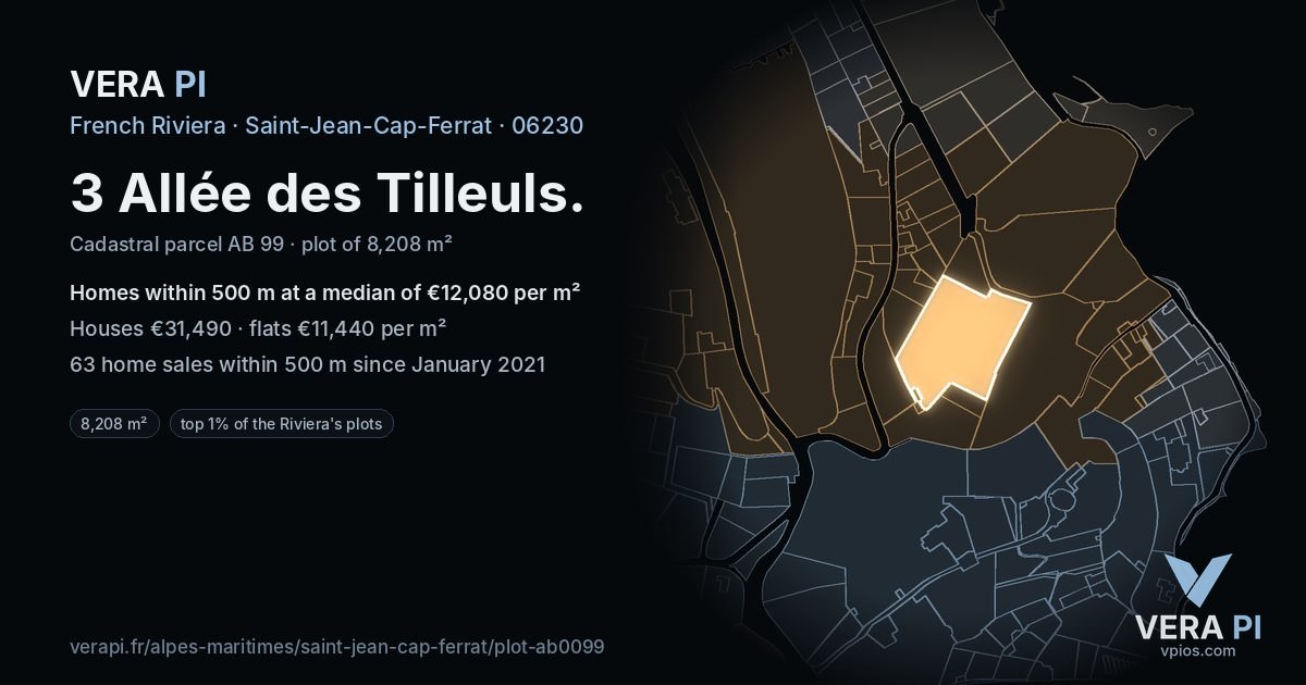 3 Allée des Tilleuls, Saint-Jean-Cap-Ferrat at night – the plot lit, the parcels around coloured by the prices near them