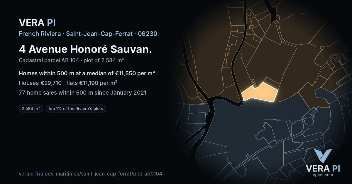 4 Avenue Honoré Sauvan, Saint-Jean-Cap-Ferrat at night – the plot lit, the parcels around coloured by the prices near them