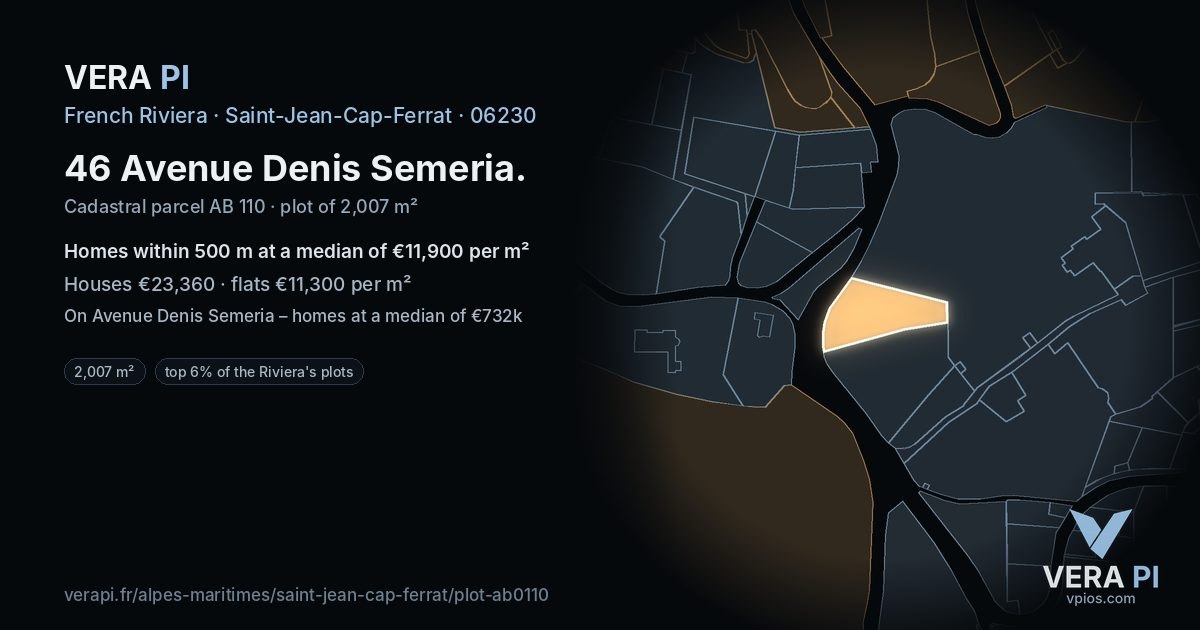 46 Avenue Denis Semeria, Saint-Jean-Cap-Ferrat at night – the plot lit, the parcels around coloured by the prices near them
