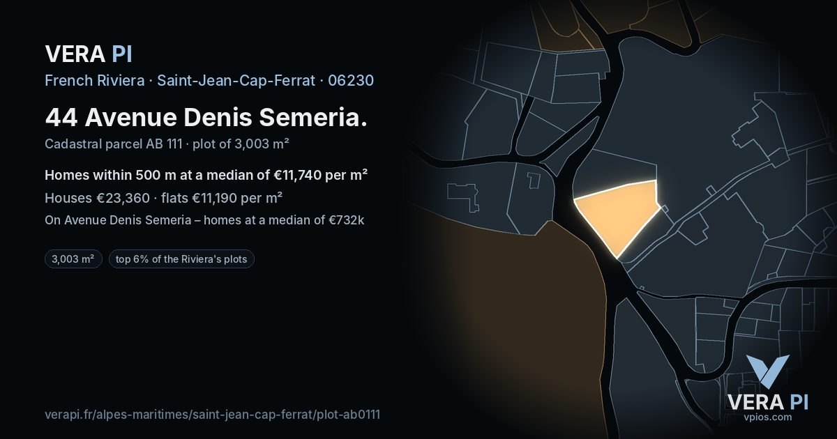 44 Avenue Denis Semeria, Saint-Jean-Cap-Ferrat at night – the plot lit, the parcels around coloured by the prices near them
