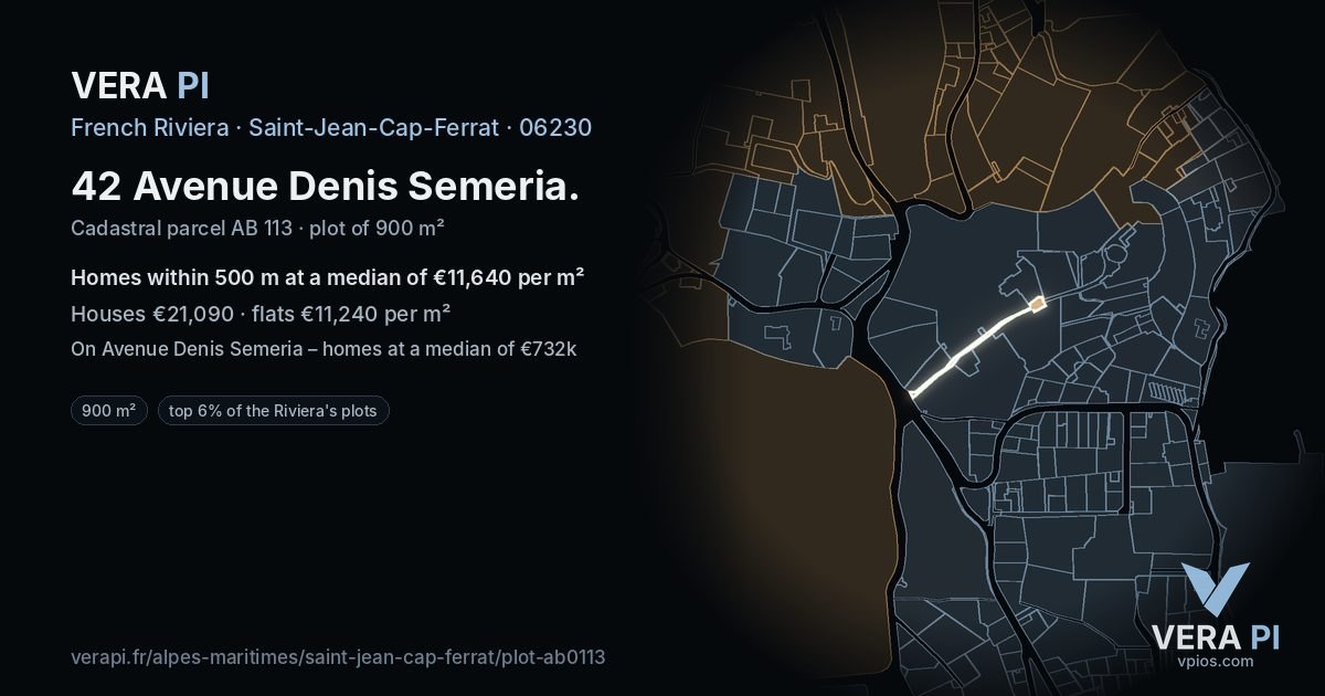 42 Avenue Denis Semeria, Saint-Jean-Cap-Ferrat at night – the plot lit, the parcels around coloured by the prices near them
