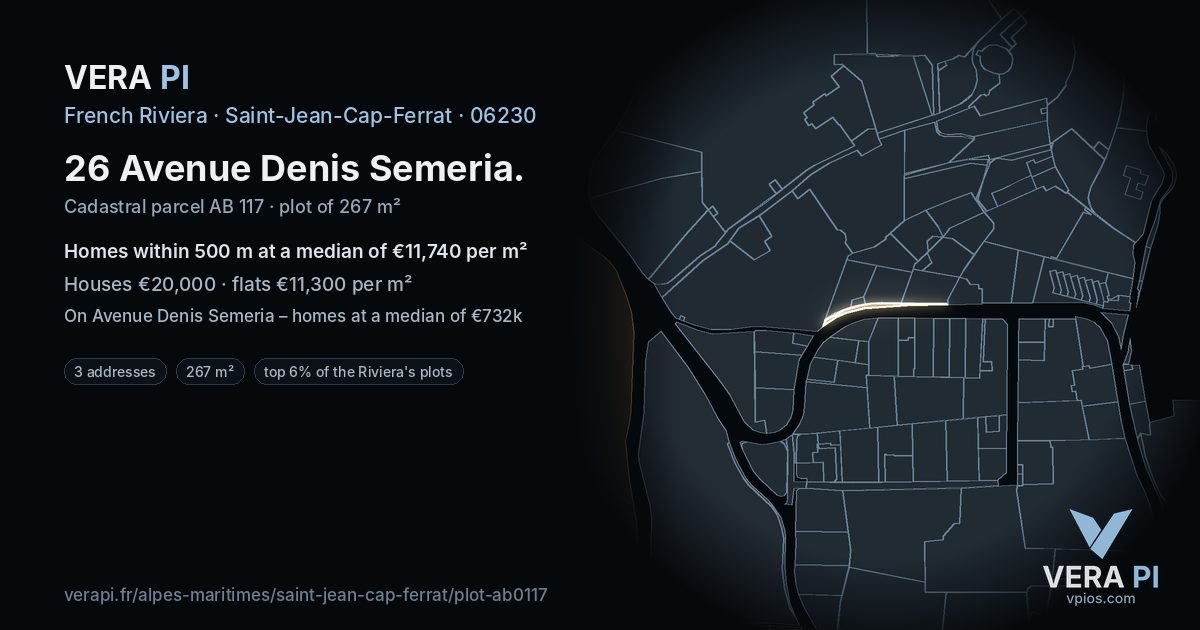 26 Avenue Denis Semeria, Saint-Jean-Cap-Ferrat at night – the plot lit, the parcels around coloured by the prices near them