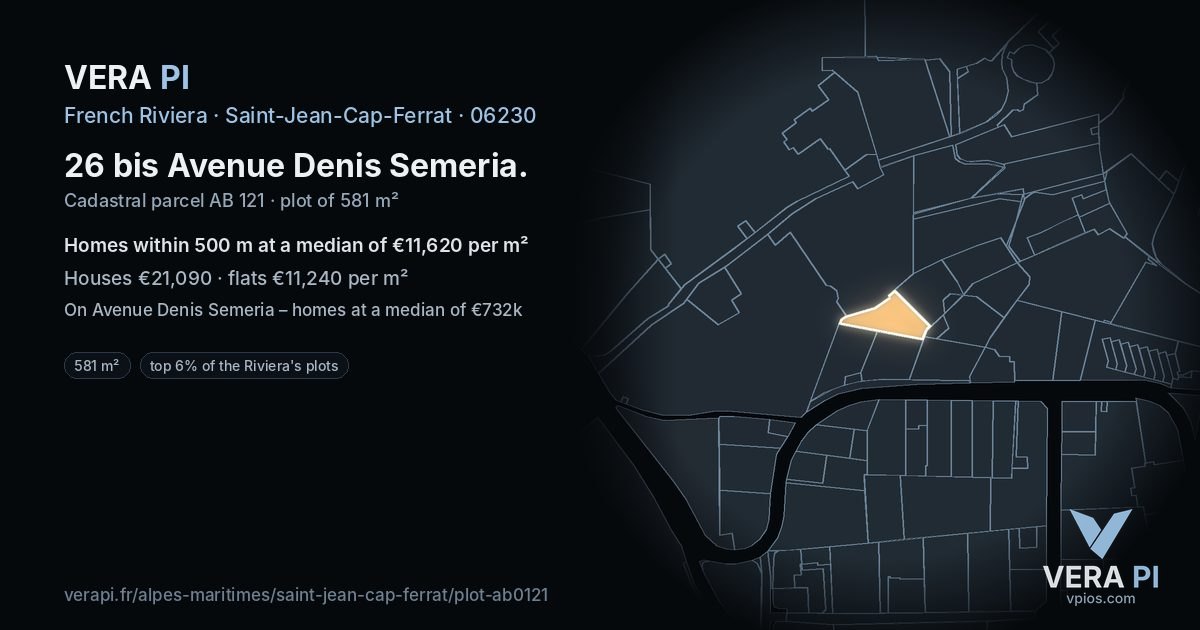 26 bis Avenue Denis Semeria, Saint-Jean-Cap-Ferrat at night – the plot lit, the parcels around coloured by the prices near them