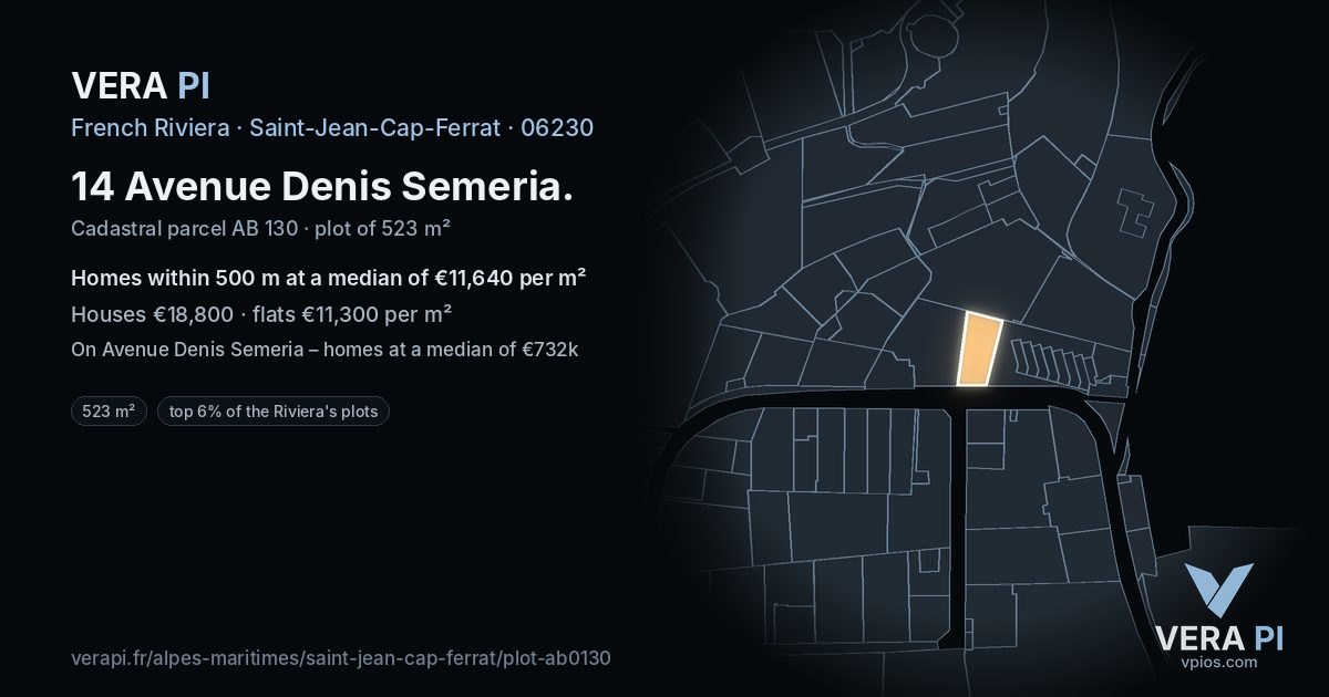 14 Avenue Denis Semeria, Saint-Jean-Cap-Ferrat at night – the plot lit, the parcels around coloured by the prices near them