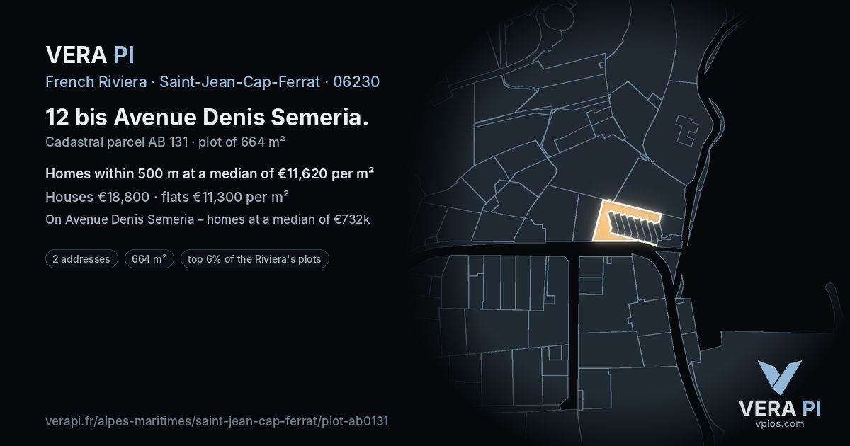 12 bis Avenue Denis Semeria, Saint-Jean-Cap-Ferrat at night – the plot lit, the parcels around coloured by the prices near them