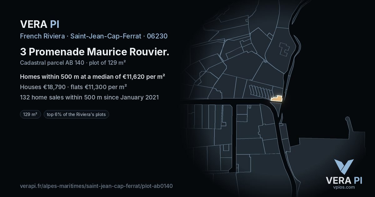 3 Promenade Maurice Rouvier, Saint-Jean-Cap-Ferrat at night – the plot lit, the parcels around coloured by the prices near them