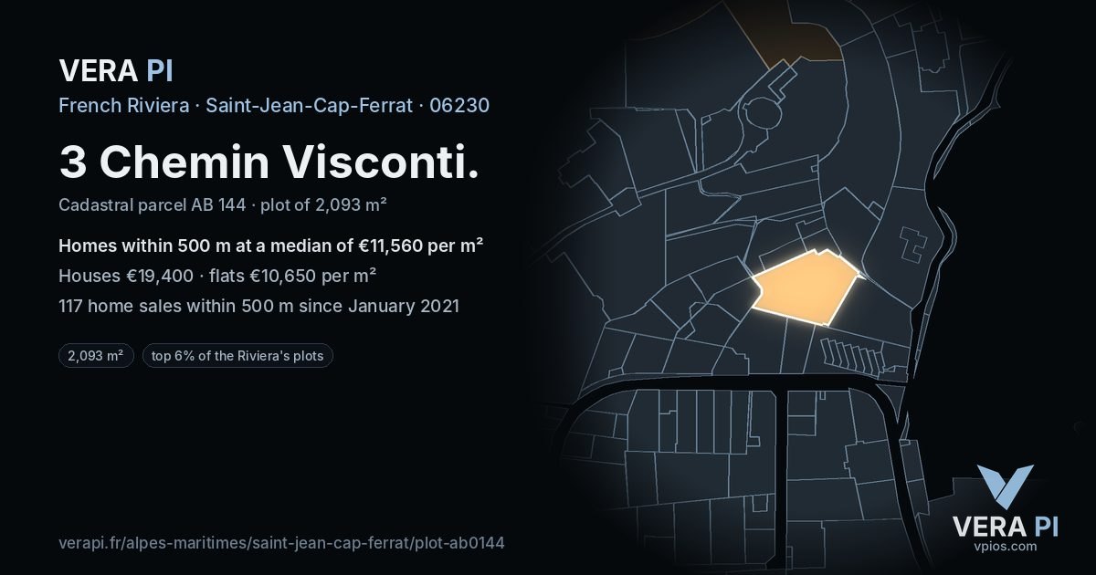 3 Chemin Visconti, Saint-Jean-Cap-Ferrat at night – the plot lit, the parcels around coloured by the prices near them