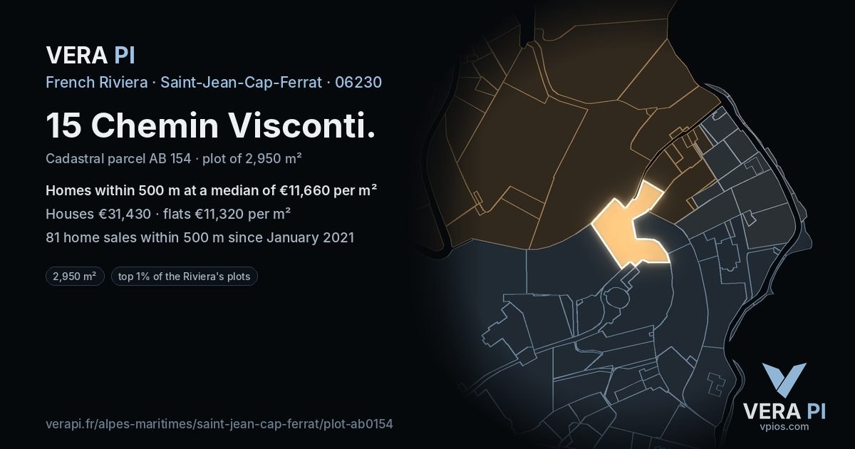 15 Chemin Visconti, Saint-Jean-Cap-Ferrat at night – the plot lit, the parcels around coloured by the prices near them