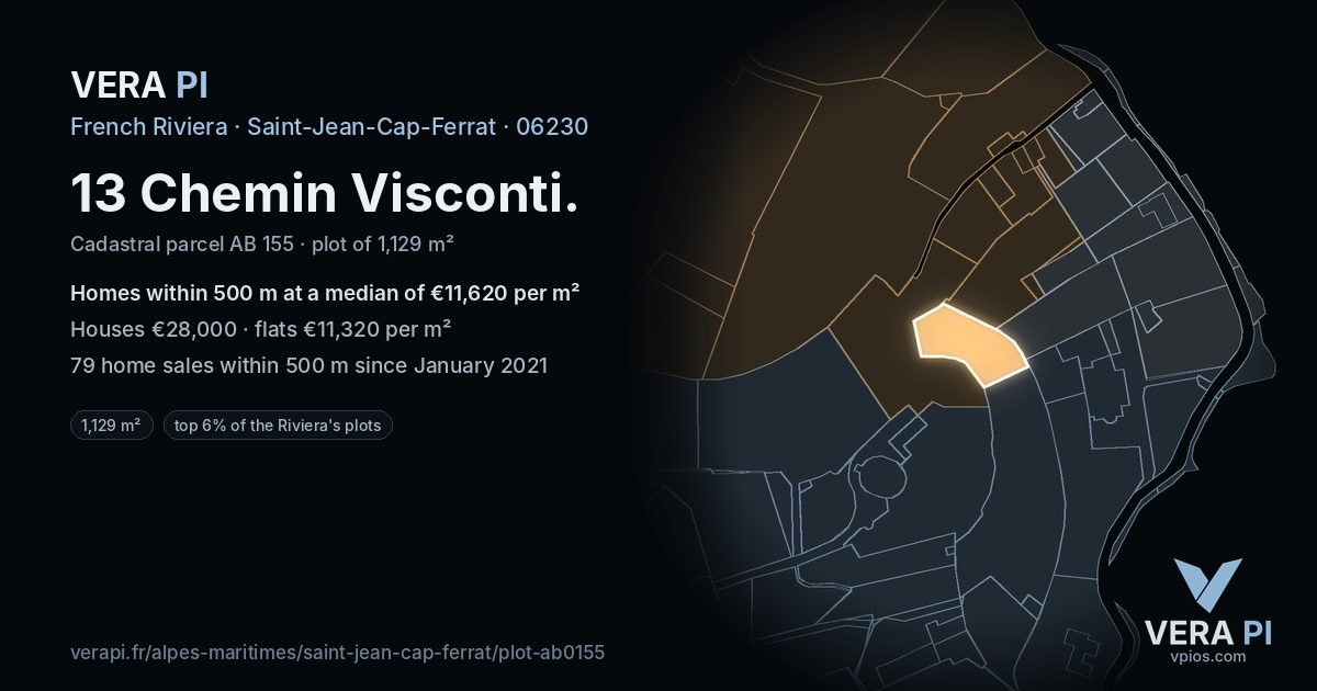 13 Chemin Visconti, Saint-Jean-Cap-Ferrat at night – the plot lit, the parcels around coloured by the prices near them