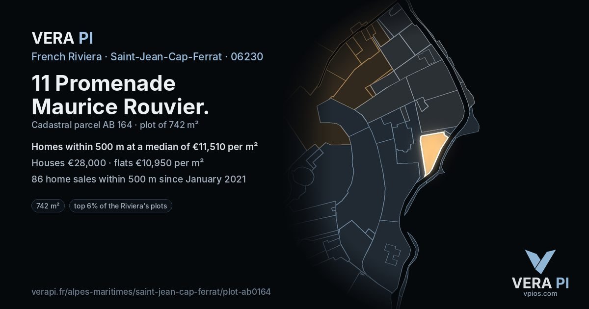 11 Promenade Maurice Rouvier, Saint-Jean-Cap-Ferrat at night – the plot lit, the parcels around coloured by the prices near them