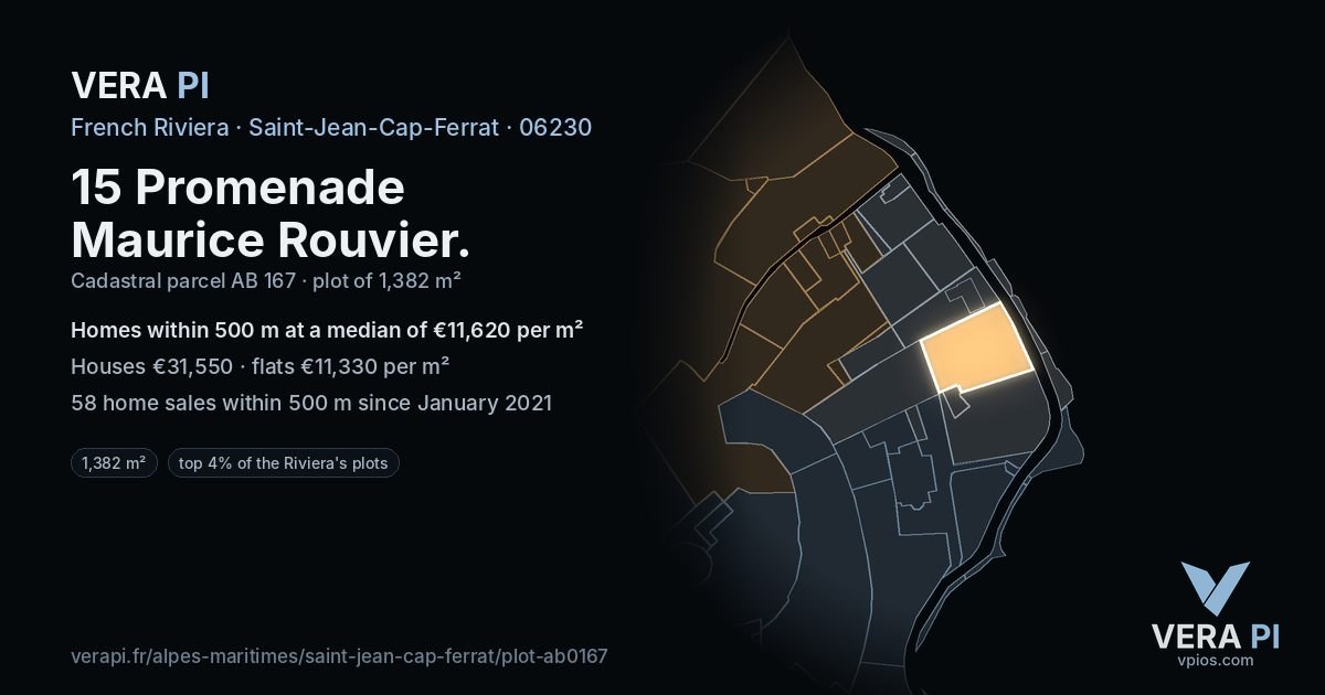 15 Promenade Maurice Rouvier, Saint-Jean-Cap-Ferrat at night – the plot lit, the parcels around coloured by the prices near them