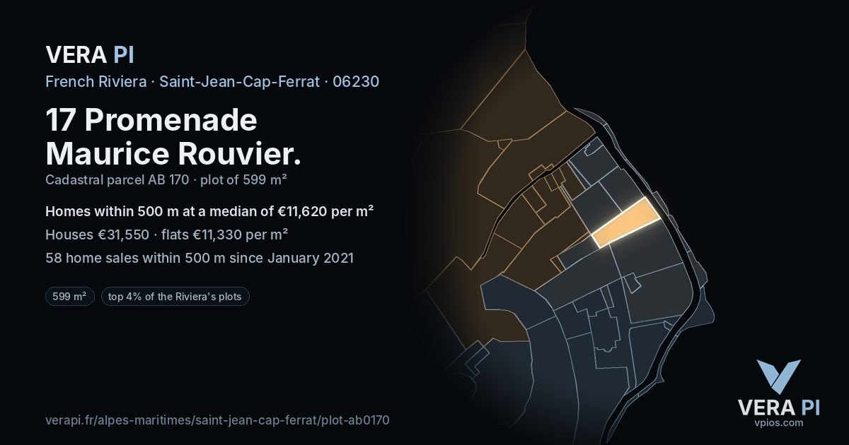 17 Promenade Maurice Rouvier, Saint-Jean-Cap-Ferrat at night – the plot lit, the parcels around coloured by the prices near them
