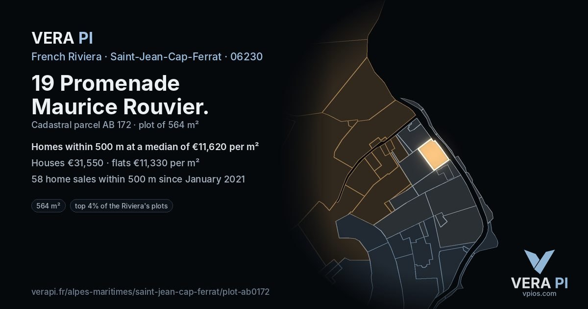 19 Promenade Maurice Rouvier, Saint-Jean-Cap-Ferrat at night – the plot lit, the parcels around coloured by the prices near them