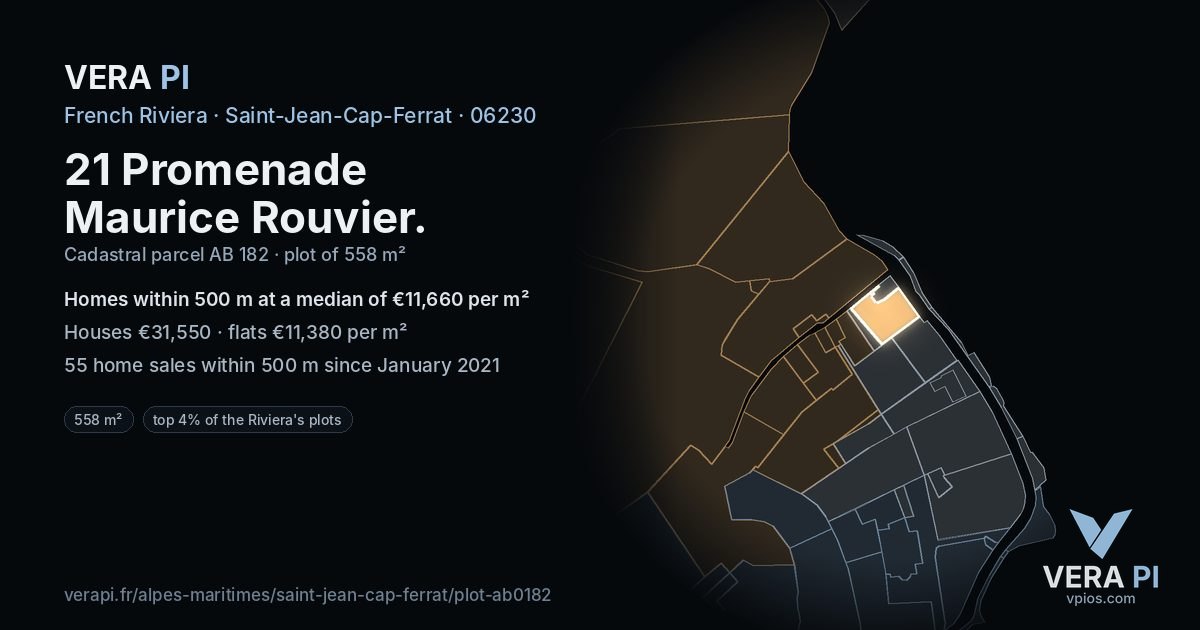 21 Promenade Maurice Rouvier, Saint-Jean-Cap-Ferrat at night – the plot lit, the parcels around coloured by the prices near them
