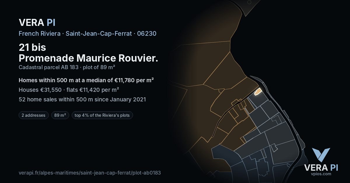 21 bis Promenade Maurice Rouvier, Saint-Jean-Cap-Ferrat at night – the plot lit, the parcels around coloured by the prices near them