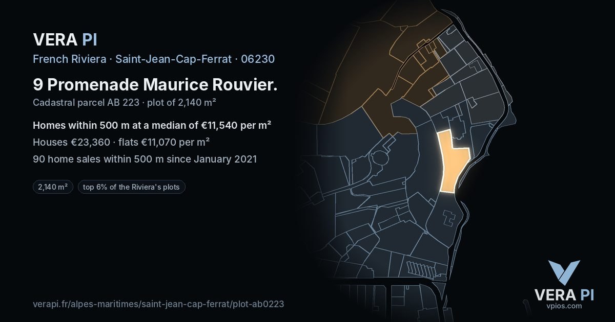 9 Promenade Maurice Rouvier, Saint-Jean-Cap-Ferrat at night – the plot lit, the parcels around coloured by the prices near them