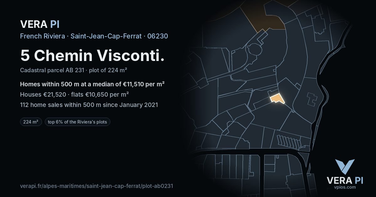 5 Chemin Visconti, Saint-Jean-Cap-Ferrat at night – the plot lit, the parcels around coloured by the prices near them