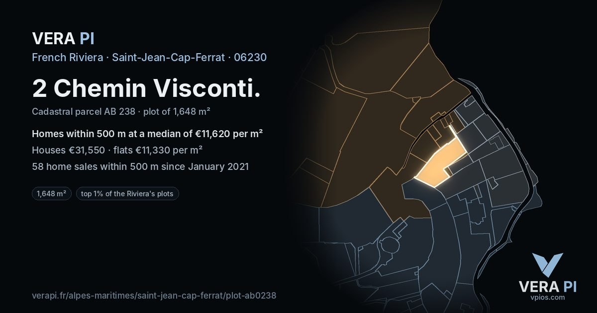 2 Chemin Visconti, Saint-Jean-Cap-Ferrat at night – the plot lit, the parcels around coloured by the prices near them
