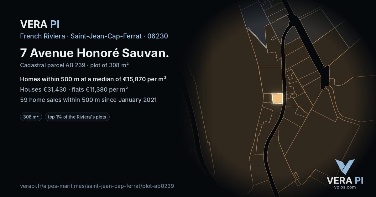 7 Avenue Honoré Sauvan, Saint-Jean-Cap-Ferrat at night – the plot lit, the parcels around coloured by the prices near them