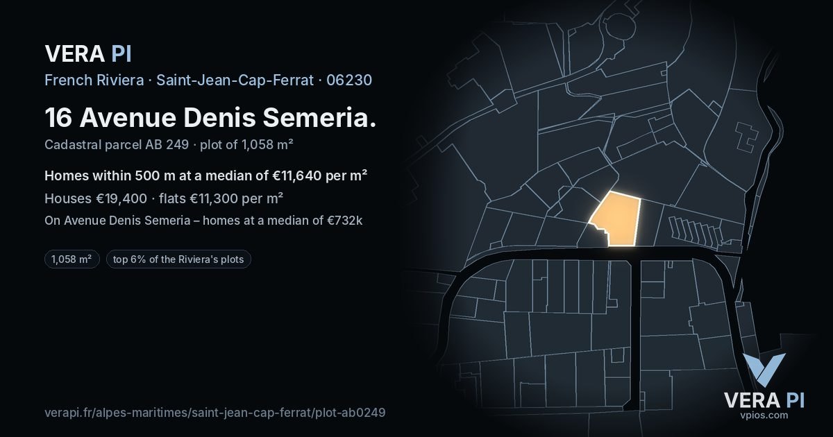 16 Avenue Denis Semeria, Saint-Jean-Cap-Ferrat at night – the plot lit, the parcels around coloured by the prices near them