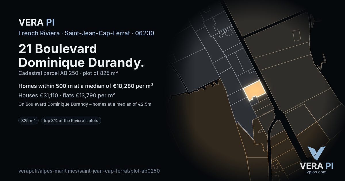 21 Boulevard Dominique Durandy, Saint-Jean-Cap-Ferrat at night – the plot lit, the parcels around coloured by the prices near them