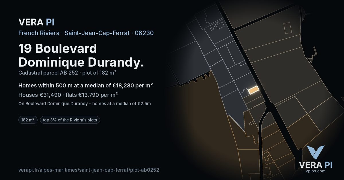 19 Boulevard Dominique Durandy, Saint-Jean-Cap-Ferrat at night – the plot lit, the parcels around coloured by the prices near them