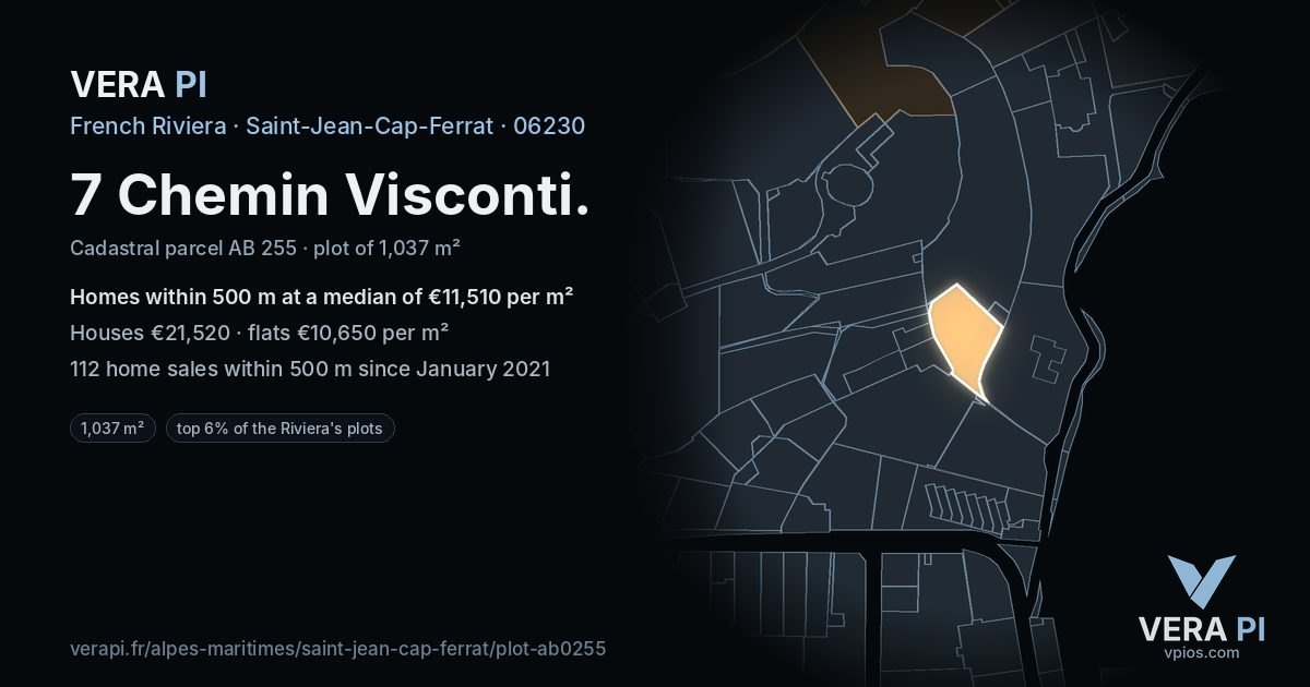 7 Chemin Visconti, Saint-Jean-Cap-Ferrat at night – the plot lit, the parcels around coloured by the prices near them