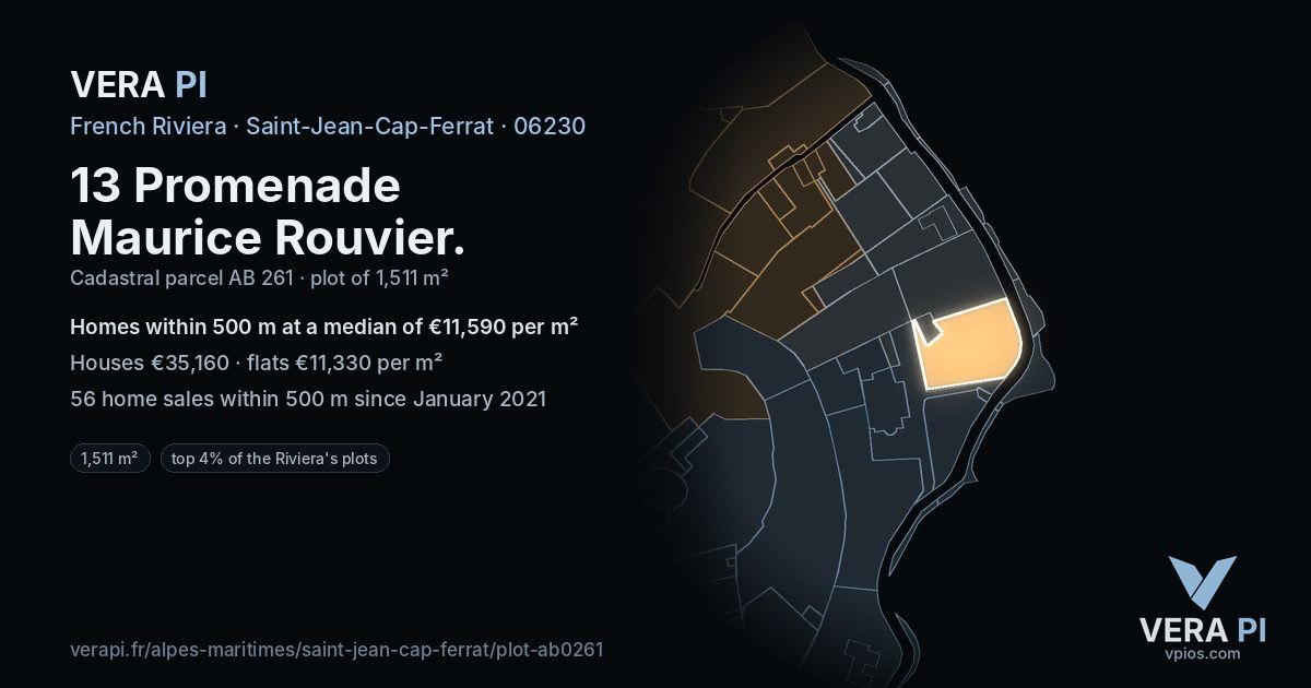 13 Promenade Maurice Rouvier, Saint-Jean-Cap-Ferrat at night – the plot lit, the parcels around coloured by the prices near them