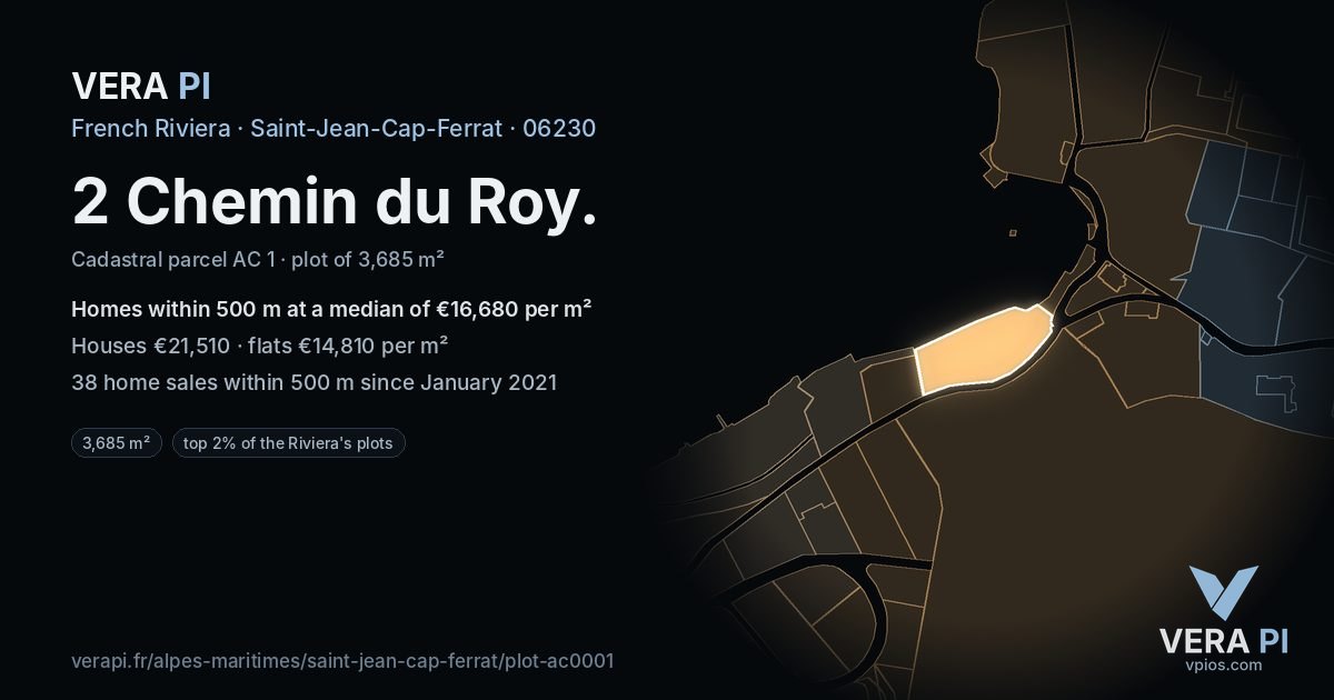 2 Chemin du Roy, Saint-Jean-Cap-Ferrat at night – the plot lit, the parcels around coloured by the prices near them