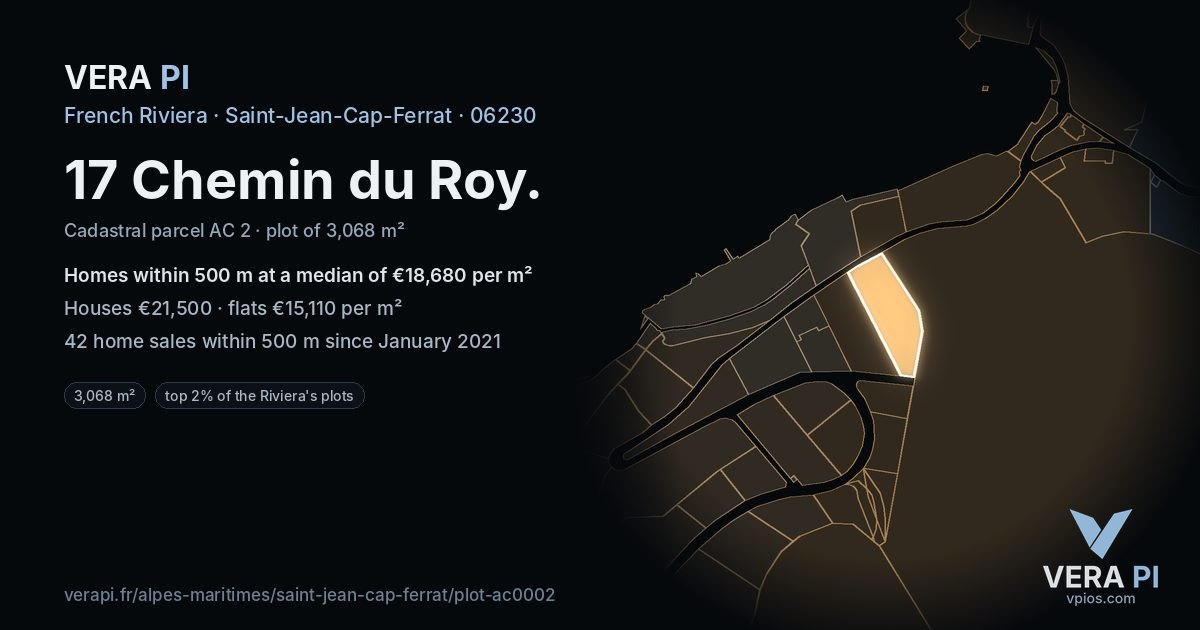 17 Chemin du Roy, Saint-Jean-Cap-Ferrat at night – the plot lit, the parcels around coloured by the prices near them