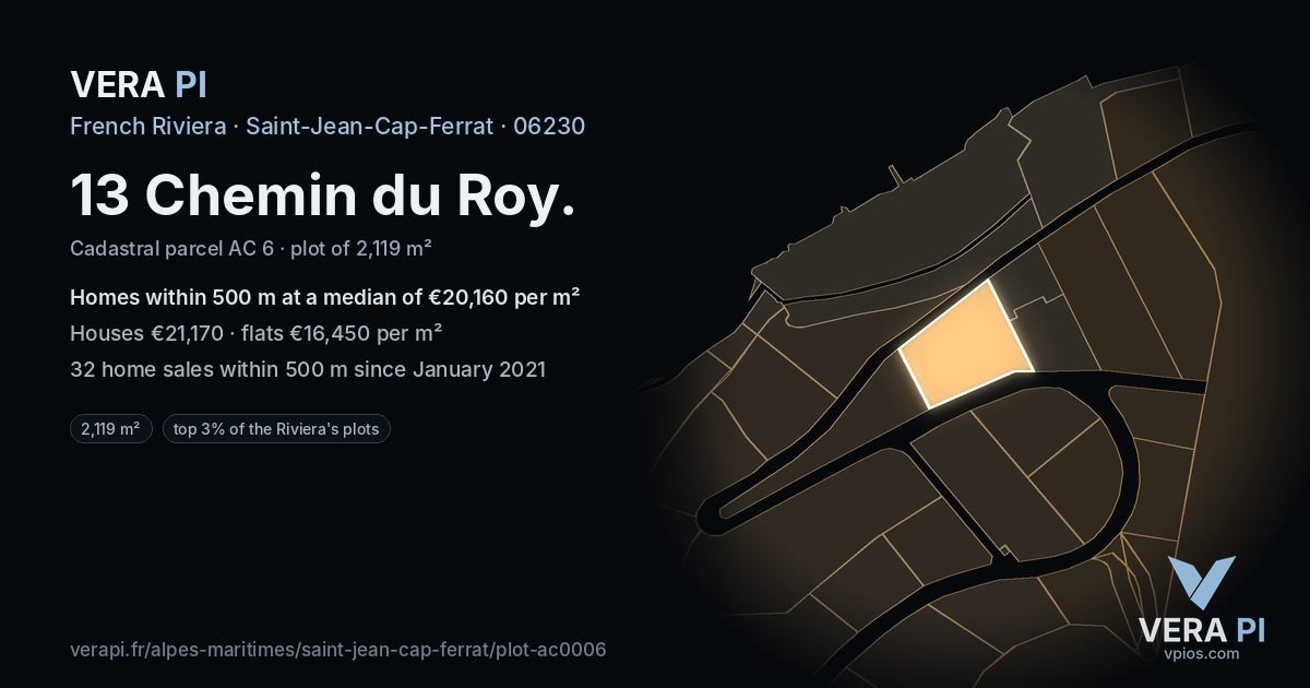 13 Chemin du Roy, Saint-Jean-Cap-Ferrat at night – the plot lit, the parcels around coloured by the prices near them