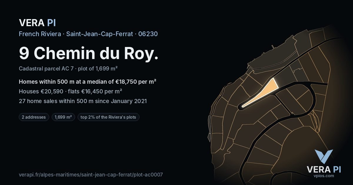 9 Chemin du Roy, Saint-Jean-Cap-Ferrat at night – the plot lit, the parcels around coloured by the prices near them