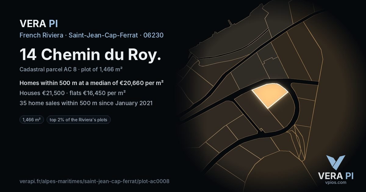 14 Chemin du Roy, Saint-Jean-Cap-Ferrat at night – the plot lit, the parcels around coloured by the prices near them
