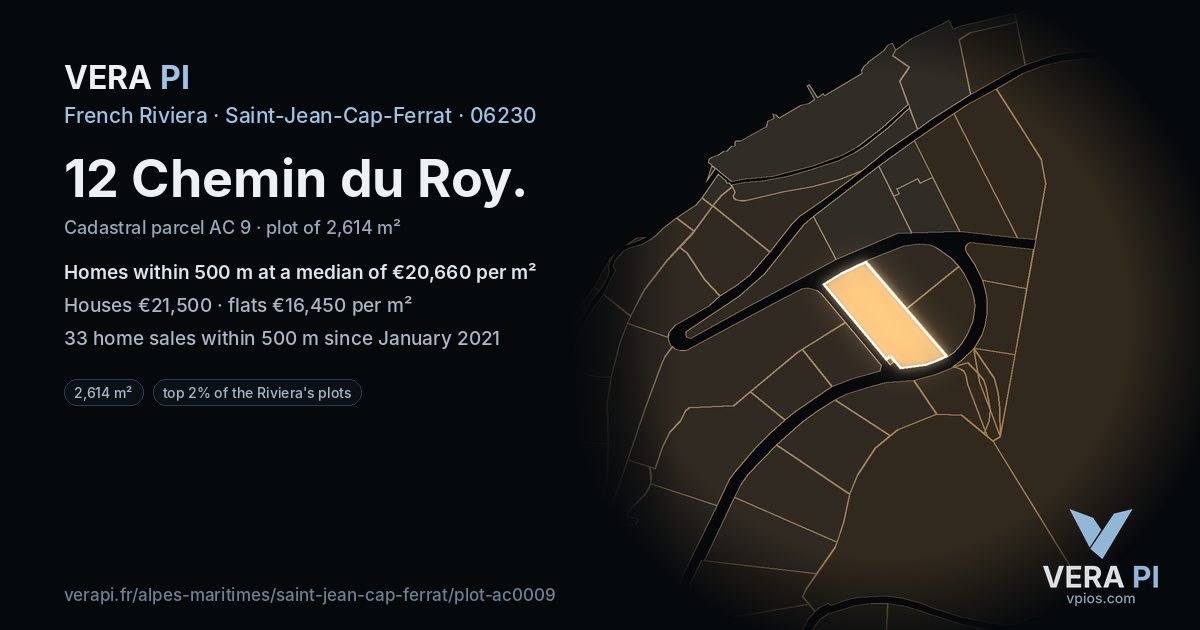 12 Chemin du Roy, Saint-Jean-Cap-Ferrat at night – the plot lit, the parcels around coloured by the prices near them