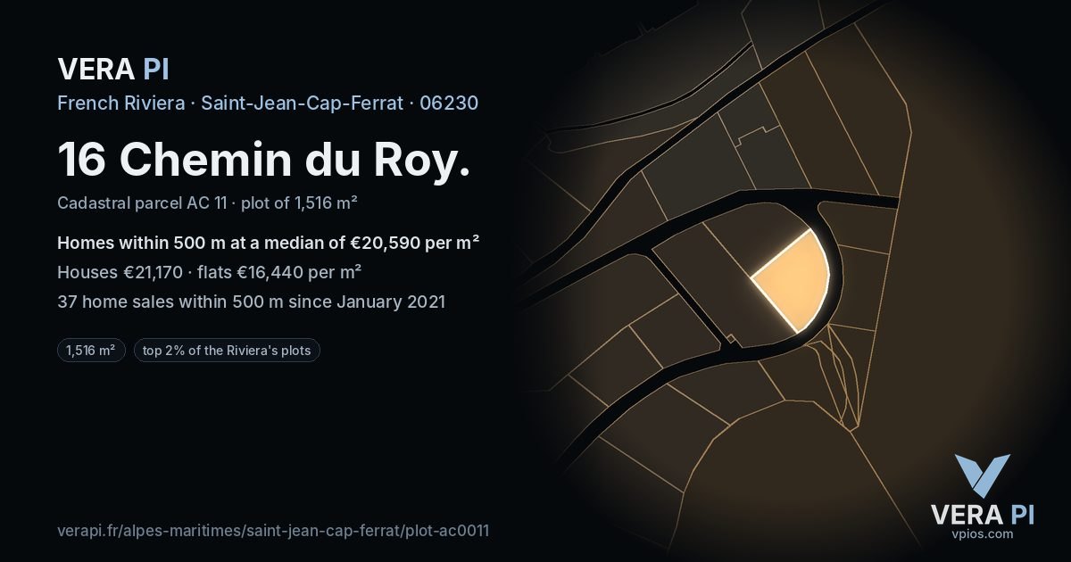 16 Chemin du Roy, Saint-Jean-Cap-Ferrat at night – the plot lit, the parcels around coloured by the prices near them