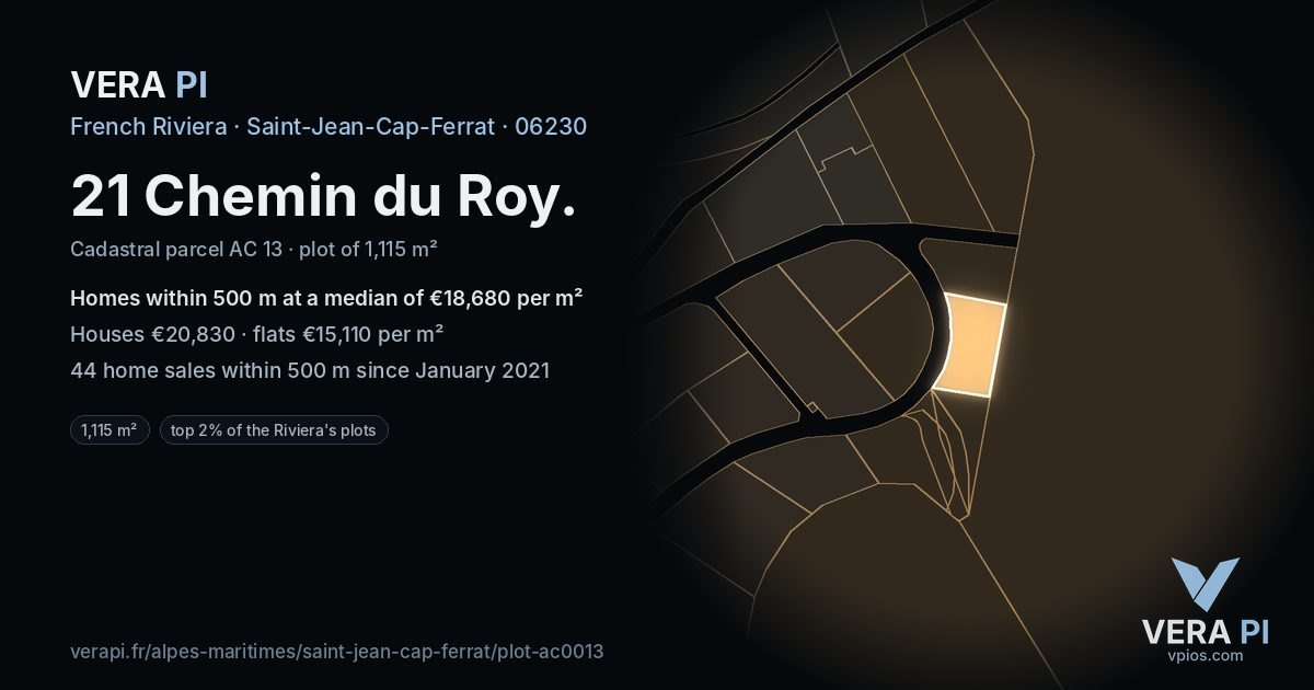 21 Chemin du Roy, Saint-Jean-Cap-Ferrat at night – the plot lit, the parcels around coloured by the prices near them
