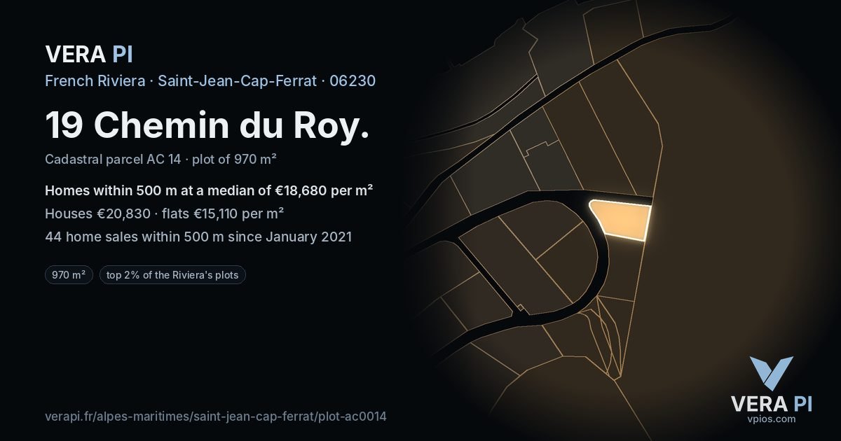 19 Chemin du Roy, Saint-Jean-Cap-Ferrat at night – the plot lit, the parcels around coloured by the prices near them