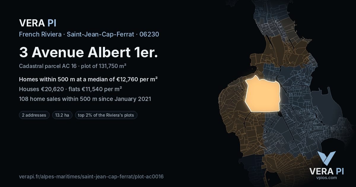 3 Avenue Albert 1er, Saint-Jean-Cap-Ferrat at night – the plot lit, the parcels around coloured by the prices near them