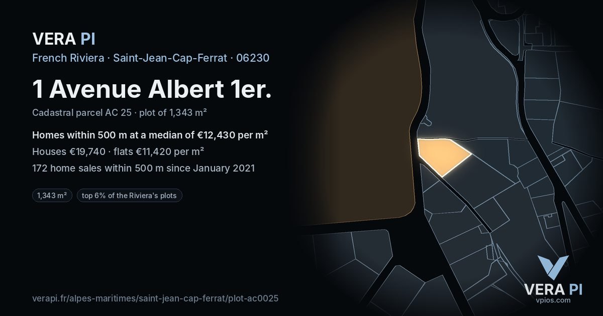 1 Avenue Albert 1er, Saint-Jean-Cap-Ferrat at night – the plot lit, the parcels around coloured by the prices near them