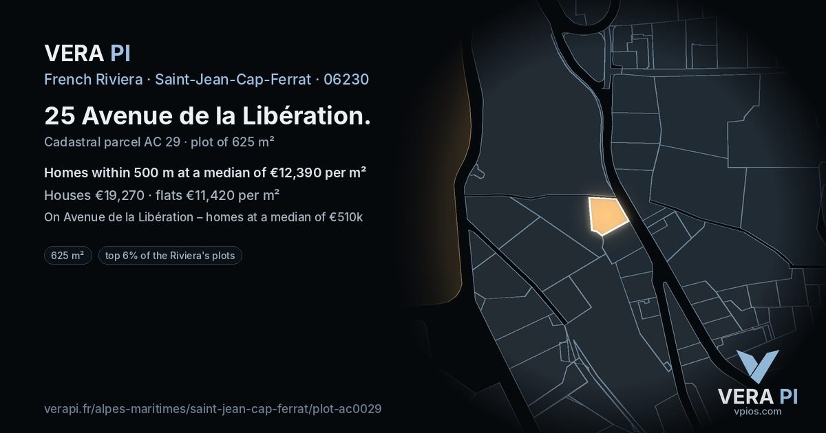 25 Avenue de la Libération, Saint-Jean-Cap-Ferrat at night – the plot lit, the parcels around coloured by the prices near them