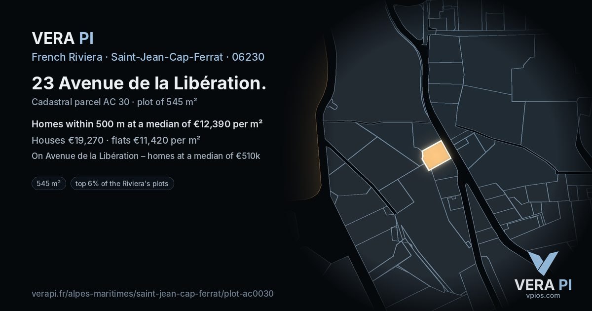23 Avenue de la Libération, Saint-Jean-Cap-Ferrat at night – the plot lit, the parcels around coloured by the prices near them