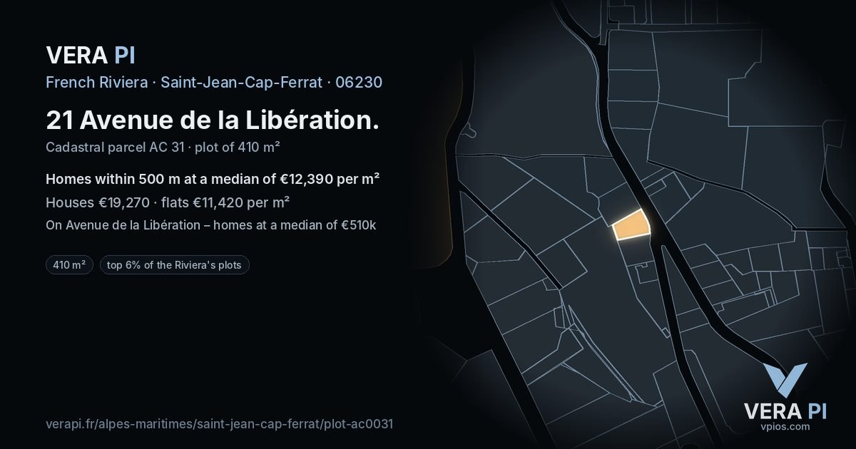 21 Avenue de la Libération, Saint-Jean-Cap-Ferrat at night – the plot lit, the parcels around coloured by the prices near them