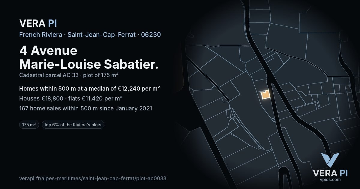 4 Avenue Marie-Louise Sabatier, Saint-Jean-Cap-Ferrat at night – the plot lit, the parcels around coloured by the prices near them
