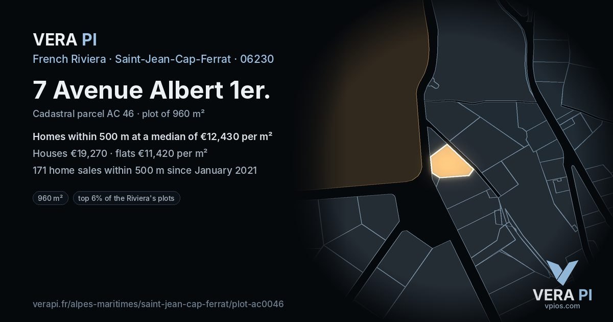 7 Avenue Albert 1er, Saint-Jean-Cap-Ferrat at night – the plot lit, the parcels around coloured by the prices near them